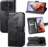 voor xiaomi mi 11 ultra vlinder liefde bloemen reliëf horizontale flip lederen case met houder & kaartsleuven & portemonnee & lanyard (zwart)