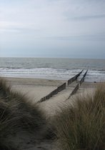 Tuinposter - Zee - Strand in wit / beige / grijs / blauw   - 80 x 120 cm.