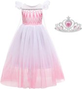 Elsa jurk roze wit Luxe met sleep + kroon maat 116-122 (130) Prinsessen jurk verkleed jurk verkleedkleding