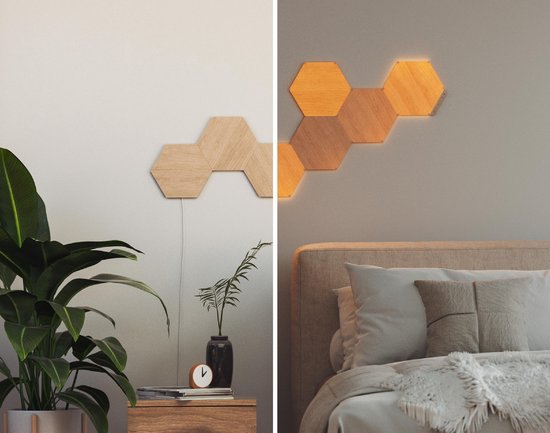 Nanoleaf Elements Pack d'extension, 3 Panneaux LED Connectés Effet Bois Aditionnels - Appliques Murales Luminaires Intérieur Hexagonales Modulaires et Variables Wi-Fi, Compatible Siri, Google, Alexa, pour Salon Chambre Bureau