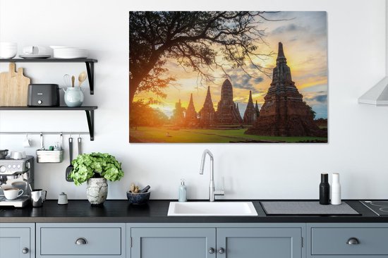 Le soleil brille à travers les temples en toile Ayutthaya 140x90 cm - Tirage photo sur toile (Décoration murale salon / chambre)