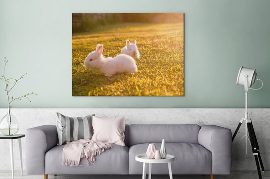 Peintures sur toile - Deux bébés lapins jouant dans l'herbe - 120x90 cm - Décoration murale