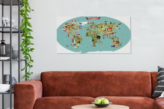 Une illustration de bande dessinée d'une carte du monde avec des chiffres sur toile 140x90 cm - Tirage photo sur toile (Décoration murale salon / chambre)