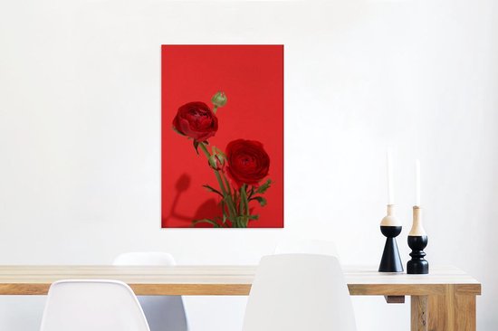 Canvas Schilderij Rode boterbloemen op een rode achtergrond - 60x90 cm - Wanddecoratie