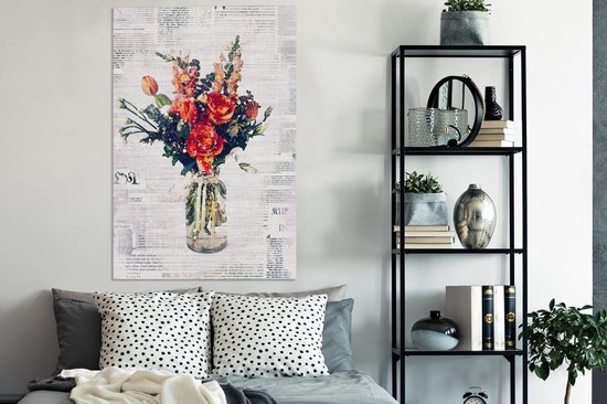 Illustration fleur sur coupure de journal 90x140 cm - Tirage photo sur toile (Décoration murale salon / chambre) / Peintures Fleurs sur toile