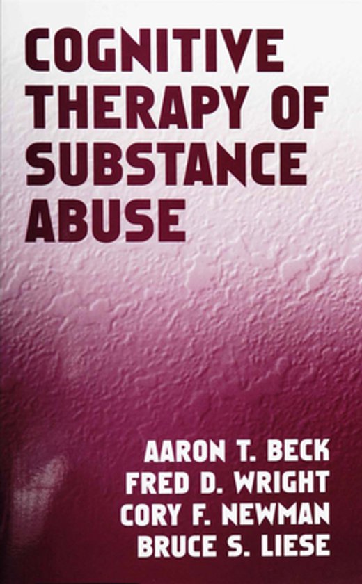 Boek 'Cognitive Therapy of Substance Abuse' met tekst op een roze en witte achtergrond. Titels en auteursnamen in witte letters.