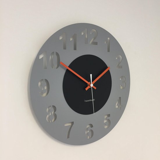 HORLOGE MURALE AMSTERDAM GRIS CERCLE BLACK -- AIGUILLES ORANGE -- DESIGN HOLLANDAIS MODERNE