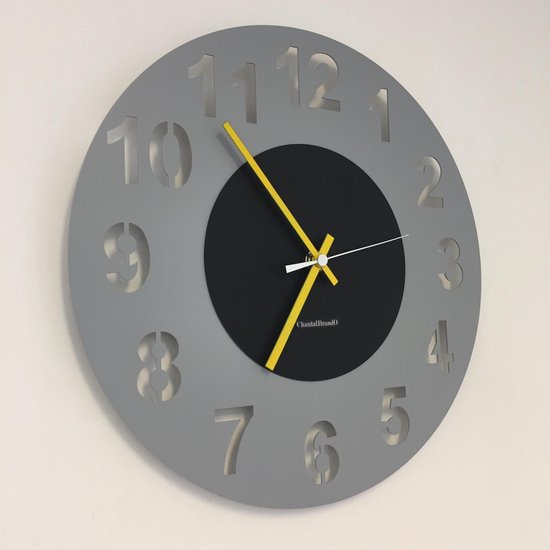 HORLOGE MURALE AMSTERDAM GRIS CERCLE BLACK -- POINTEURS JAUNES -- DESIGN HOLLANDAIS MODERNE