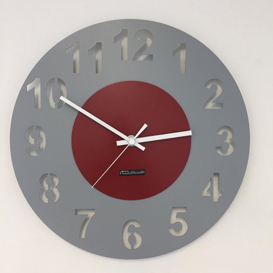 HORLOGE MURALE AMSTERDAM GRIS CERCLE ROUGE -- POINTEURS BLANCS -- DESIGN HOLLANDAIS MODERNE