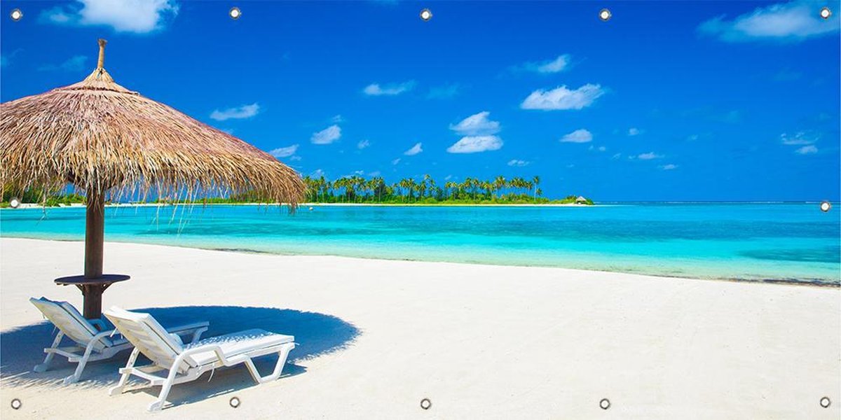 Tuinposter Strand - Strandstoelen - Zomer - Tropisch 100 x 50 cm incl. Metalen ringen (Buitenposter - Tuindoek - Buitencanvas - Schilderijen voor buiten - tuin decoratie)