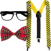 Boland - Nerd bril, strikje en bretels set voor volwassenen - one size