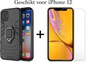 iPhone 12 hoesje Armor Case Zwart Kickstand Ring shock proof magneet - 1x iPhone 12 screenprotector