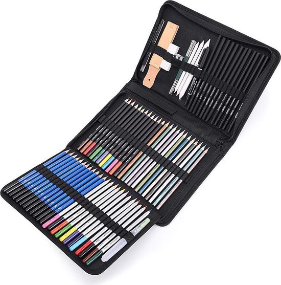 Crayons de couleur à croquis set 74 pièces dans un étui en nylon