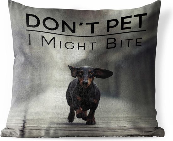 Buitenkussens - Tuin - Honden quote 'Don't pet, I might bite' tegen een achtergrond met en rennende teckel - 45x45 cm