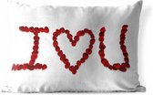 Sierkussen Texte d'amour pour l'extérieur - Je t'aime épeautre avec des guimauves rouges - 60x40 cm - Coussin de jardin rectangulaire résistant aux intempéries / coussin de salon de jardin en polyester