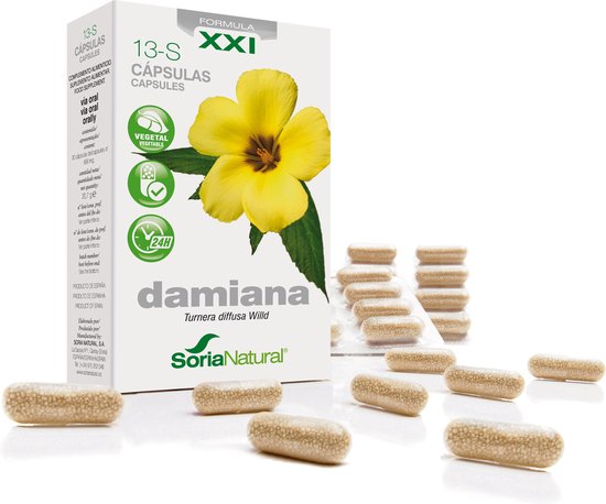 Een witte doos met 'Damiana XXI 13-S Capsulas' en een gele bloem. Rondom de doos liggen capsules.