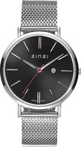 Zinzi Retro horloge zwarte wijzerplaat zilvergekleurde kast stalen mesh band 38mm extra dun ZIW401M