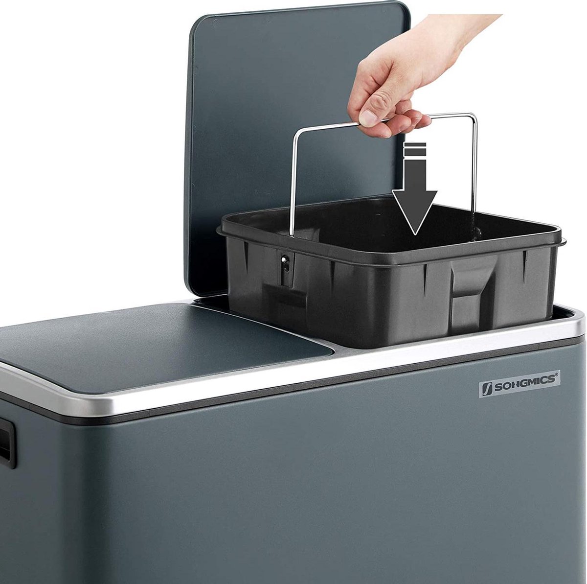 SONGMICS LTB48GS 2-Compartment Waste Bin Kitchen Pedal Bin 2 x 24L Soft Close Plastic Inner Bucket with Foot Pedals and Handles, SmokeGrey, Large, Grey