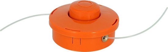 Oranje bosmaaier draadkop met uitstekende maaidraden.