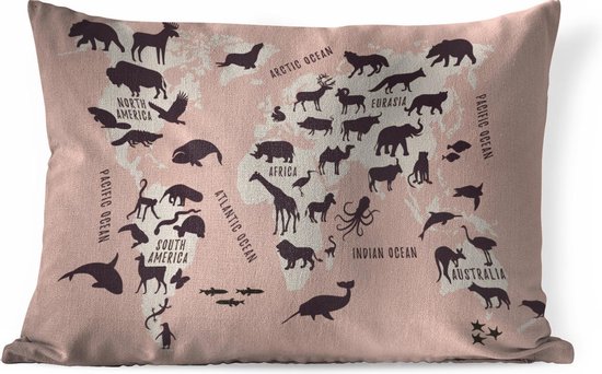 Sierkussens - Kussen - Roze wereldkaart met illustraties van silhouetten van dieren en namen van continenten en oceanen - 60x40 cm - Kussen van katoen