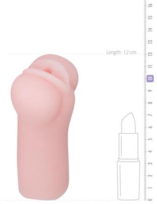 Roze mini masturbator met een lengte van 12 cm, naast een geschetste lippenstift.