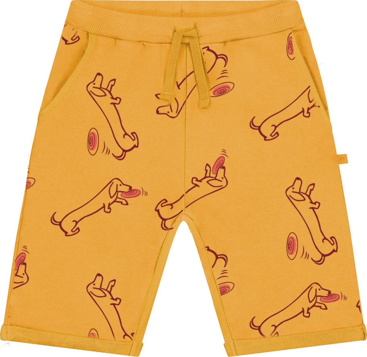 Smitten Organic Unisex Bermuda in Sea Annemone geel kleur met 'Teckel Billy at Beach' print