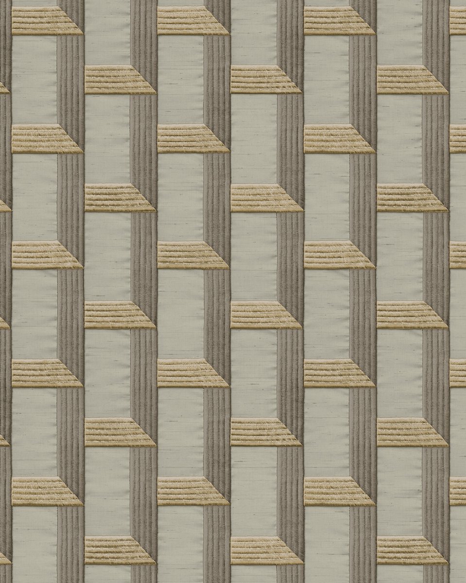 Grafisch behang Profhome DE120073-DI vliesbehang hardvinyl warmdruk in reliëf gestempeld met grafisch patroon en metalen accenten beige goud olijfgrijs 5,33 m2