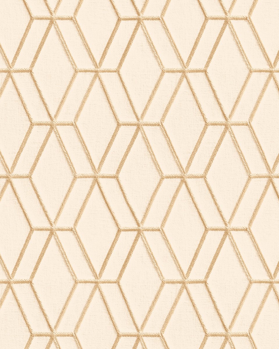 Grafisch behang Profhome DE120062-DI vliesbehang hardvinyl warmdruk in reliëf gestempeld met ruitvormig patroon glimmend crème goud 5,33 m2