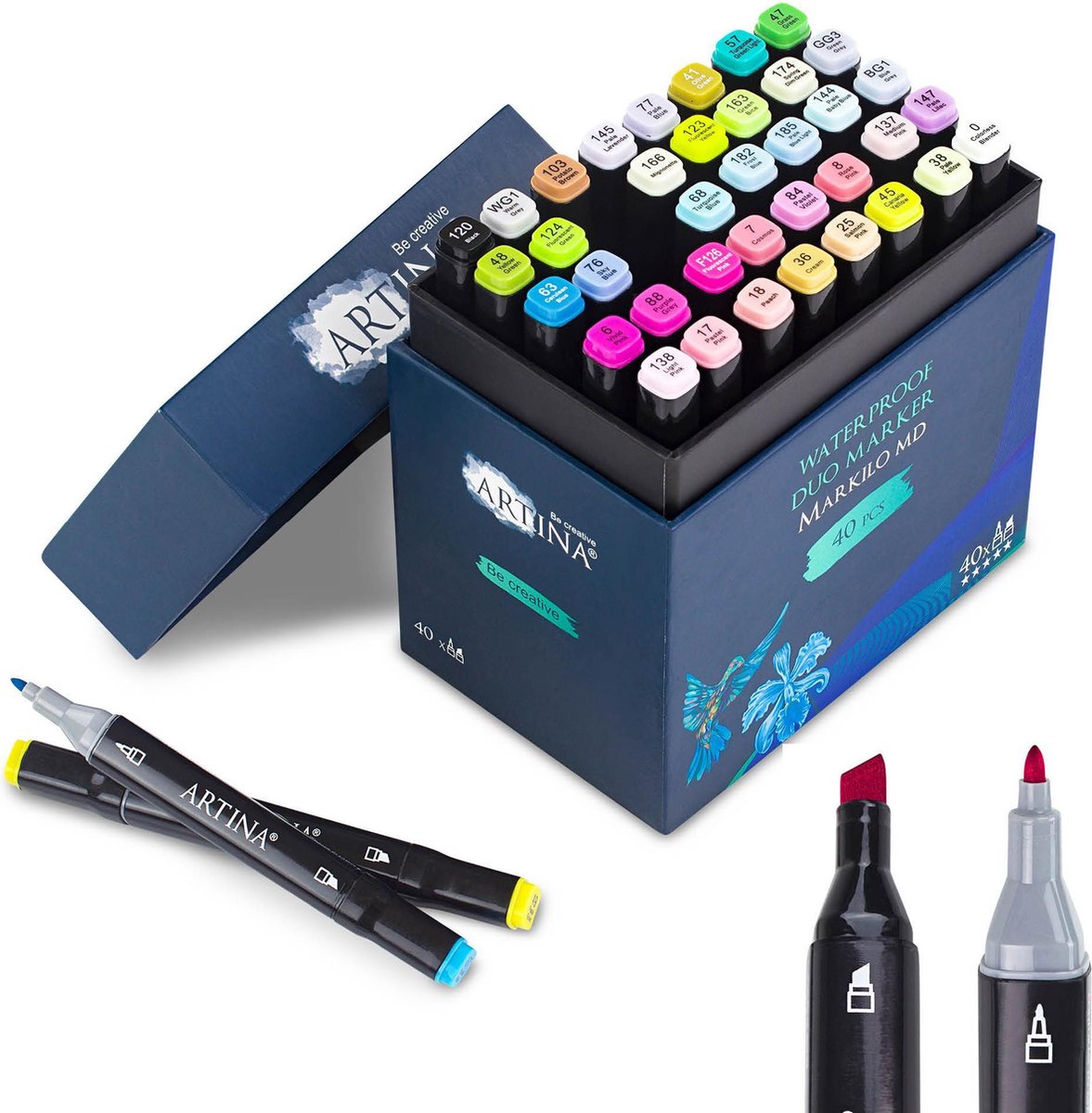 Artina Markilo MD Set van 40 Viltstiften dubbele punt – Twinmarkers – Stiften Markers voor Manga Graffiti Fashion - mini 3mm en medium 6mm