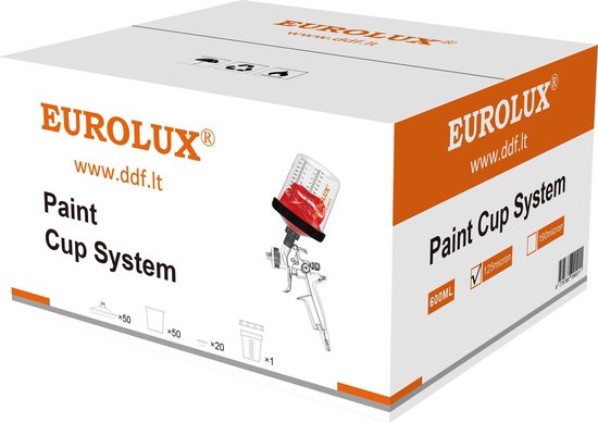 Eurolux Verfbekersysteem in oranje en wit, met pistool en mengbekers.