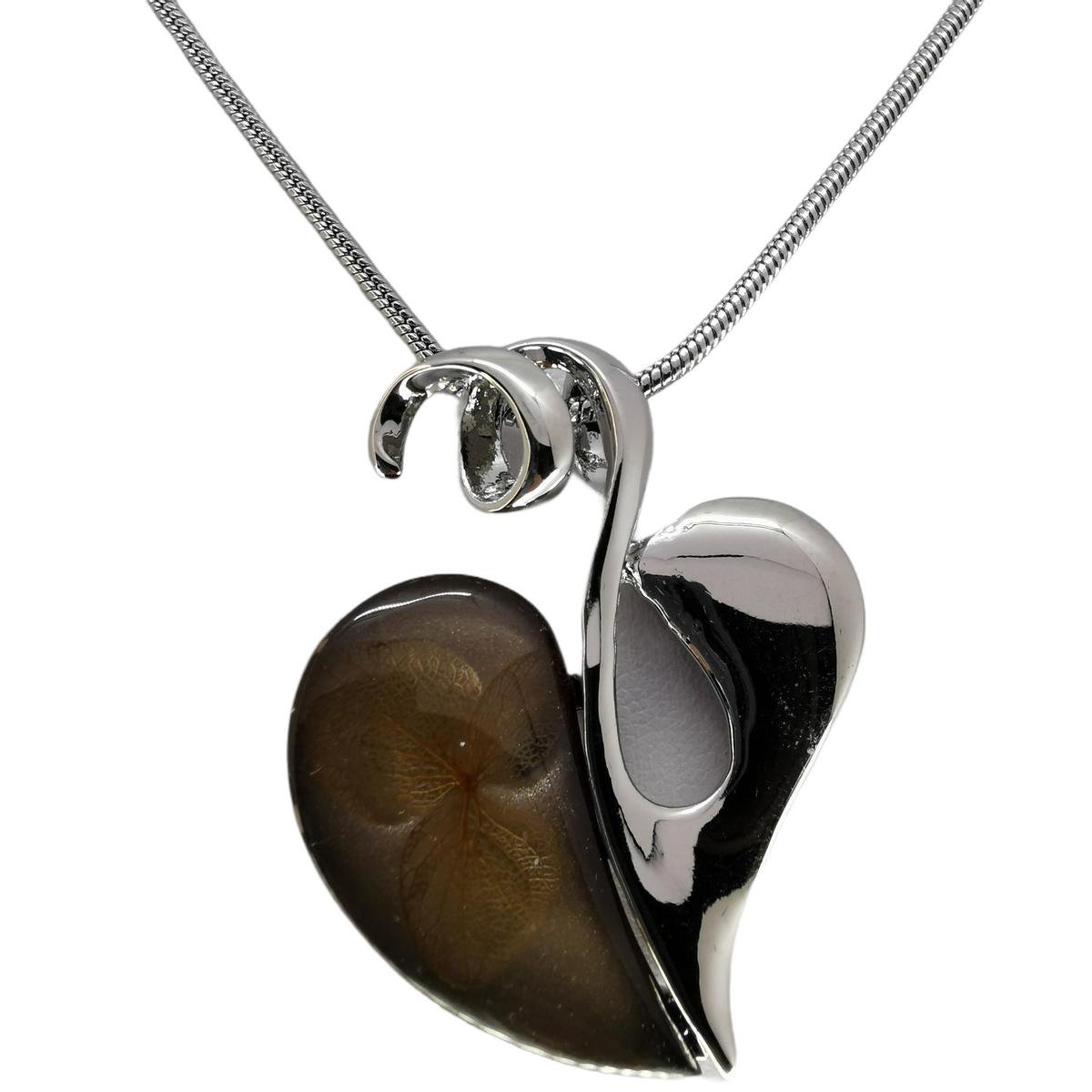 Ketting - 45 cm - RVS - met hart hanger ene helft boomhars met echte bloem erin en andere helft zilverkleur en steel van 3blad, krul, R-Design.