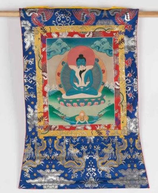 Foto: Fine asianliving antieke tibetaanse thangka samantabhadra met consort handgeschilderd en geborduurd