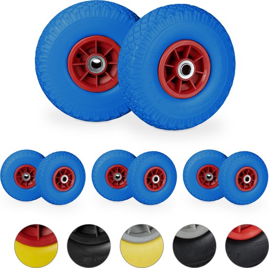 relaxdays 8 x roue de diable - 3.00-4 - pneu en caoutchouc - paliers lisses - 80 kg - axe 20 mm bleu
