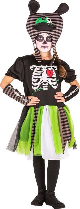 dressforfun - zombieskeletkostuum voor meisjes 116 (5-7y) - verkleedkleding kostuum halloween verkleden feestkleding carnavalskleding carnaval feestkledij partykleding - 300005