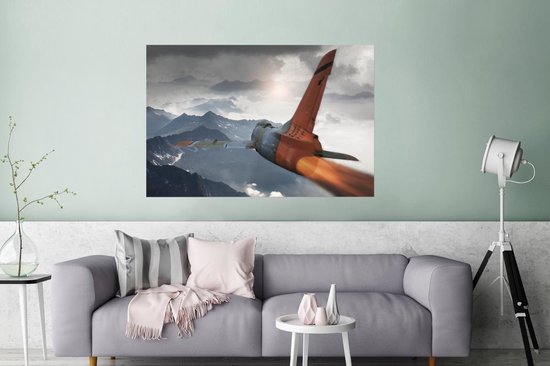 Un chasseur à réaction de l'armée au-dessus des montagnes Poster 180x120 cm - Tirage photo sur Poster (décoration murale salon / chambre) XXL / Groot format!
