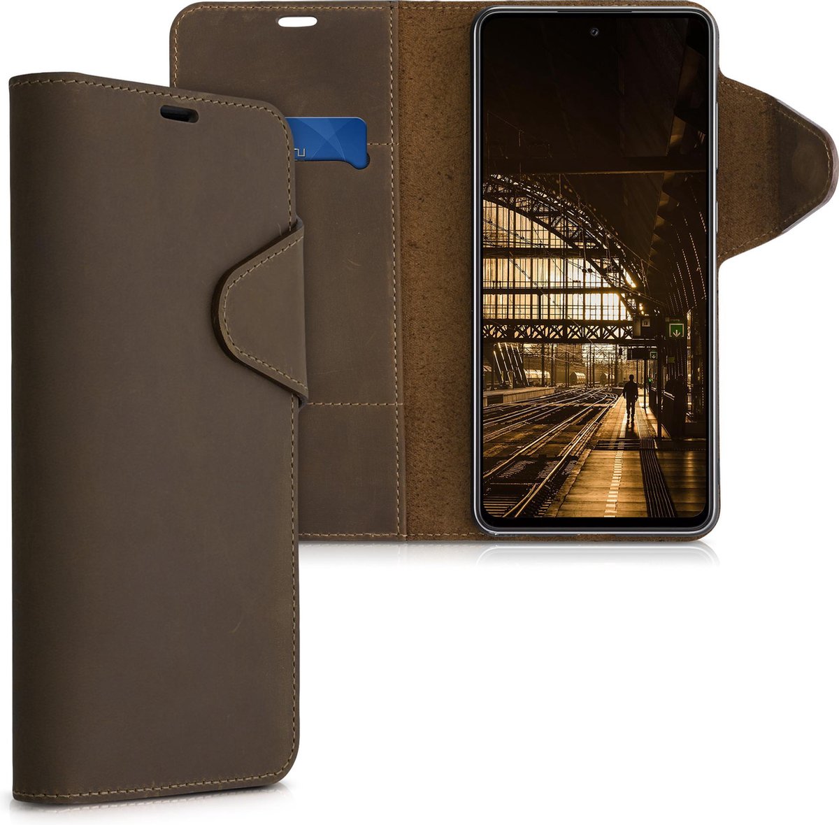 kalibri telefoonhoesje voor Samsung Galaxy A72 - Hoesje met pasjeshouder en standaard - bruin - Wallet case