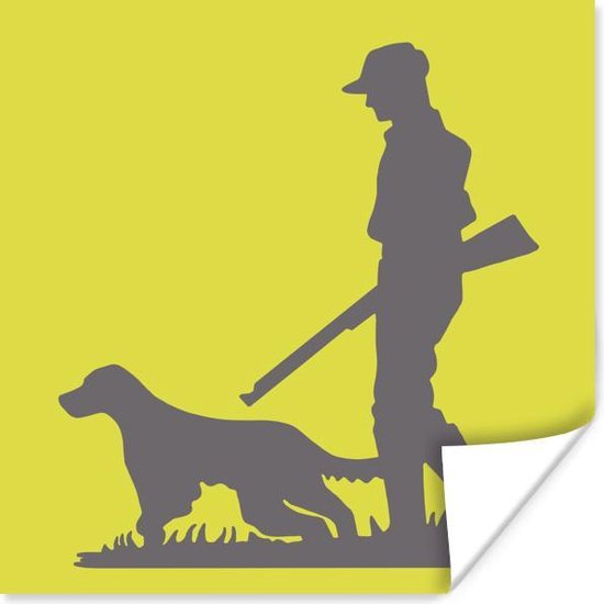 Silhouet van een jager met geweer en hond op een gele achtergrond, met een opkrullend hoekje.
