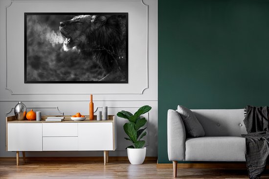 Photo dans le cadre - Cadre photo lion rugissant noir sans passe-partout 120x80 cm - Affiche sous cadre (Décoration murale salon / chambre)
