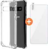 Samsung S10 Hoesje Siliconen Case Hoes Shockproof Cover - Transparant + Screenprotector Tempered Glass Screen Cover