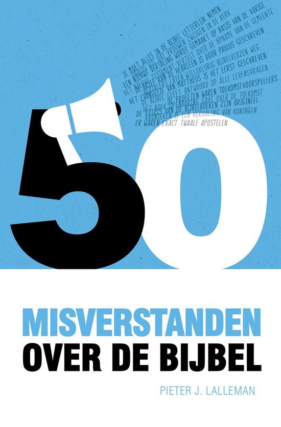 Boekcover met de tekst "MISVERSTANDEN OVER DE BIJBEL" in grote zwarte letters. Een grote 50 in zwart en wit.