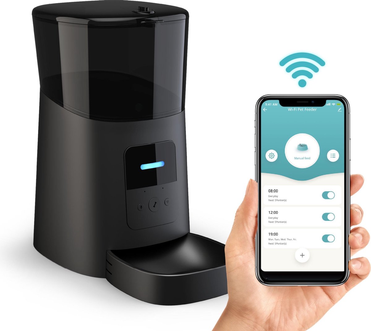 DKProducts Automatische Voerbak Zwart - Voerautomaat Met App - Smartphone Besturing - Voerinhoud 6 L