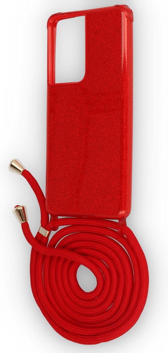 HB Hoesje Geschikt voor Samsung Galaxy S21 Ultra - Rood - Glitter Back Cover met Koord