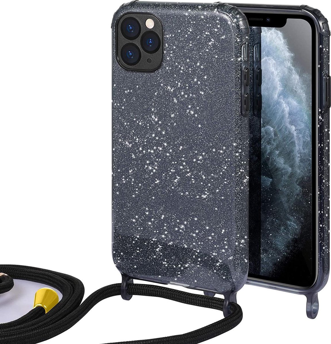 HB Hoesje Geschikt voor Apple iPhone 12 Pro Max - Zwart - Glitter Back Cover met Koord