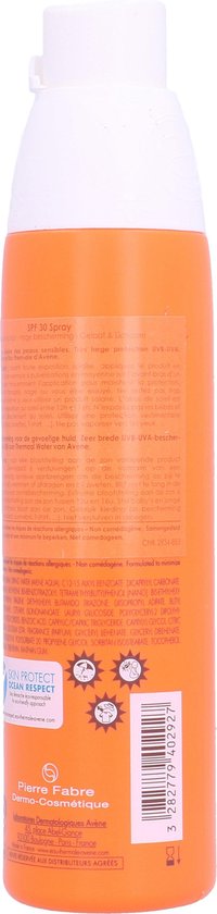 Achterkant oranje spuitbus Avène zonbescherming SPF 30 met productinformatie en streepjescode.