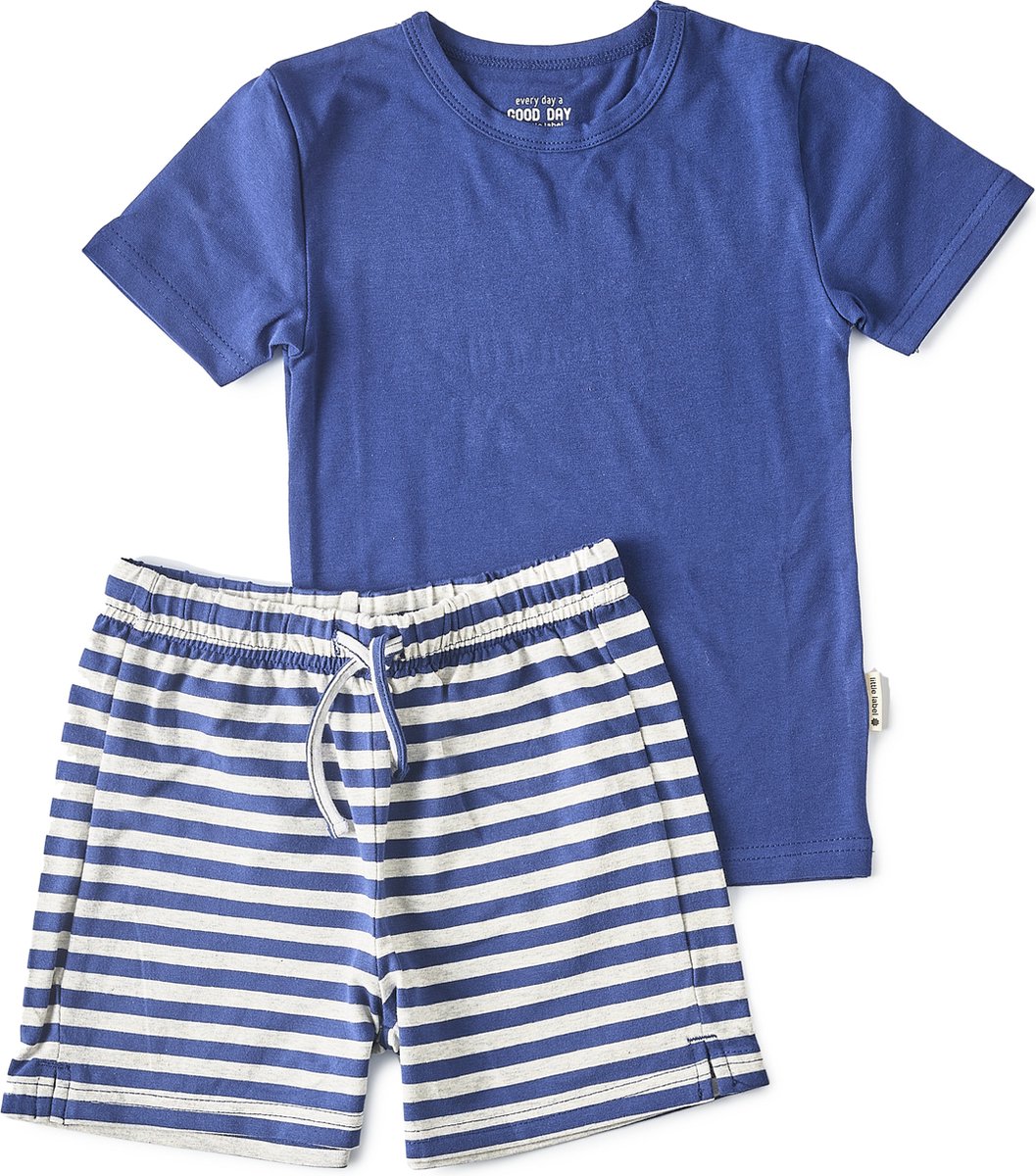Little Label Pyjama Jongens Maat 110-116 - Blauw, Grijs - Zachte BIO Katoen - Shortama - 2-delige zomer pyama jongens - Gestreept