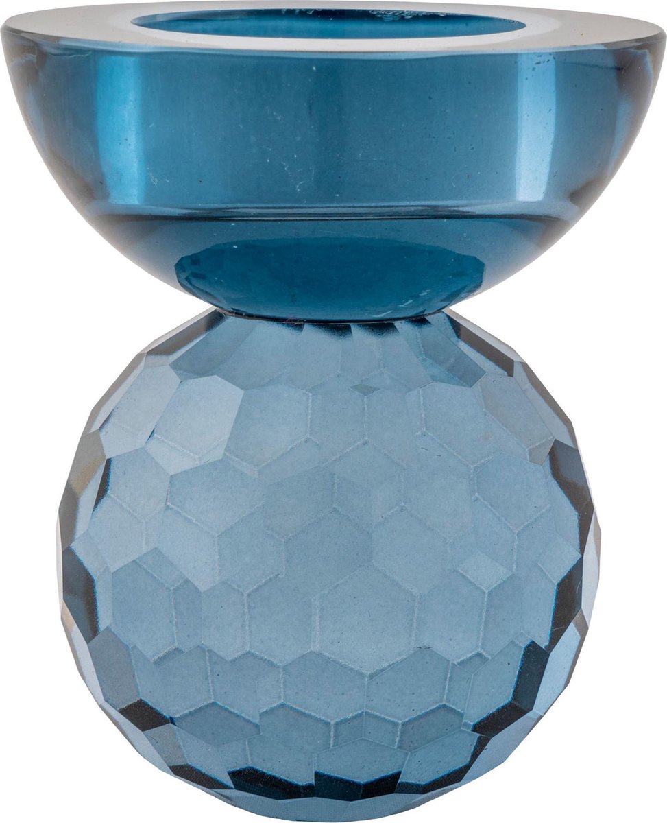 House Nordic | Burano | Kandelaar blauw glas | Diamant geslepen | Deense hoogwaardige kwaliteit | Handgemaakt | 8.5cm