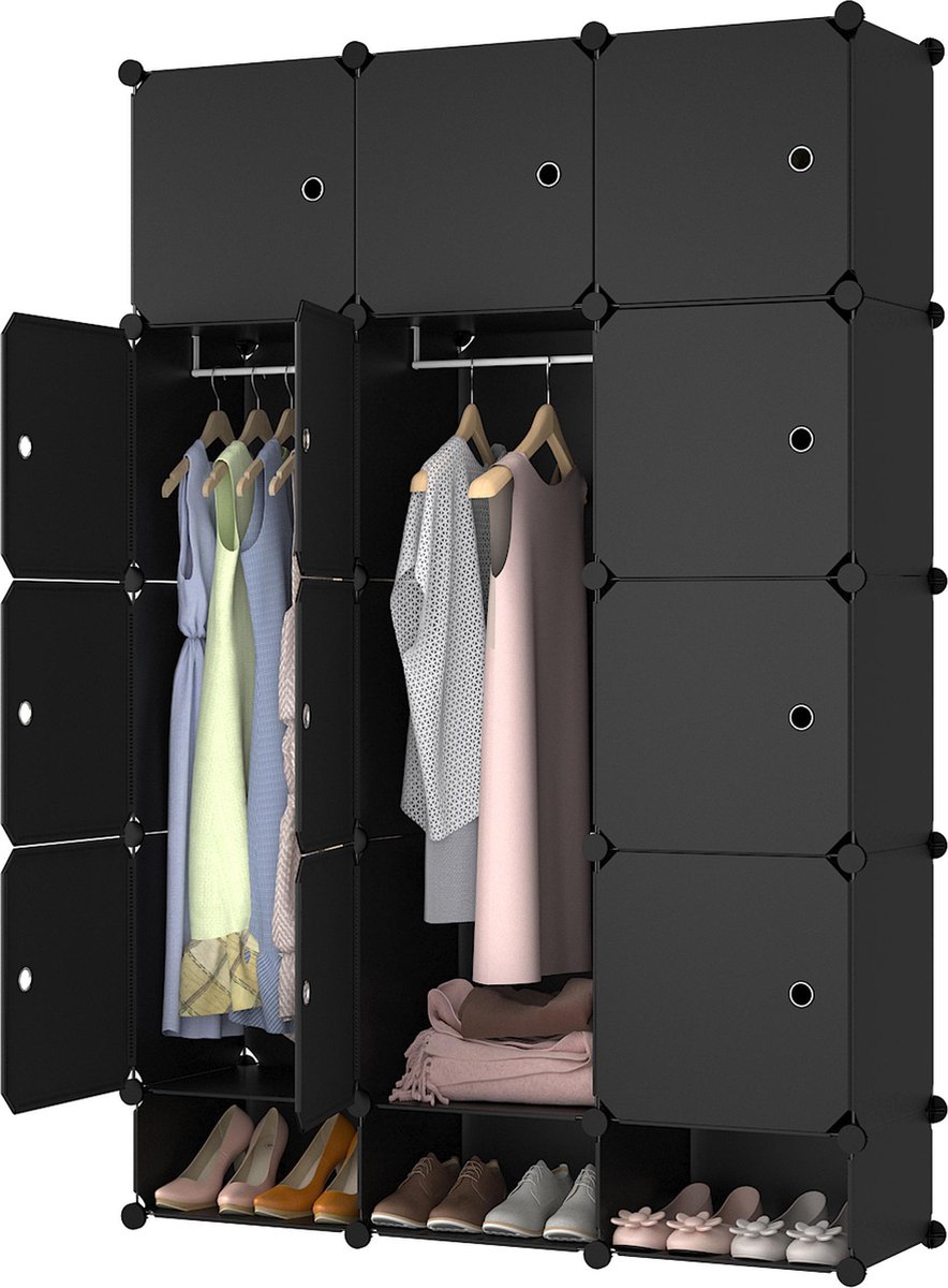 Lowander 3x5 vakkenkast 'Roma' zwart 165x111 cm - kunststof kledingkast met hangruimte / roomdivider afsluitbaar