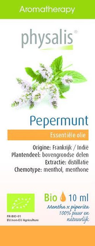Flesje Physalis Pepermunt essentiële olie, 10ml. Met afbeelding van muntplant met witte bloemetjes.