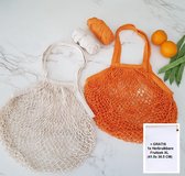 Boodschappentas Groenten en fruit Beige, Oranje - 100% Katoen , 2 stuks boodschappentas herbruikbaar|Wasbaar | Milieuvriendelijk| Vrije tijd winkeltas ( Net Disign) Beige, Oranje