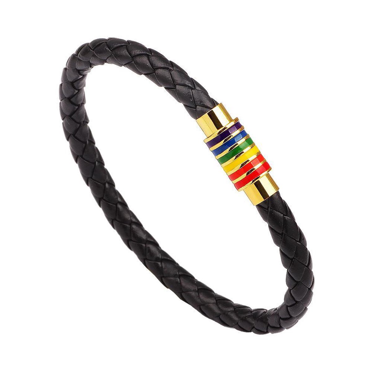 Gevlochten Armband - Zwart Leren Armband - Regenboog Armband - Pride Armband - LGBTQ - Magneet - Zwart